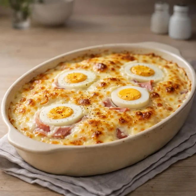 Gratin d’œufs durs au jambon : béchamel au four