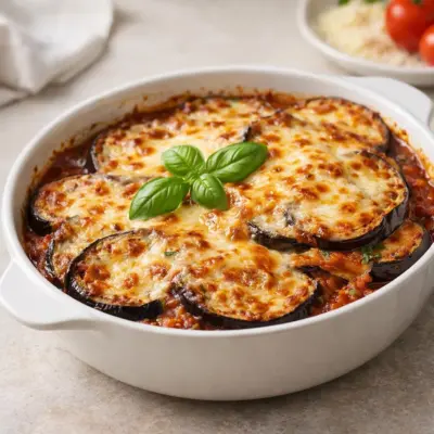 Gratin d’aubergines à la parmesane au basilic