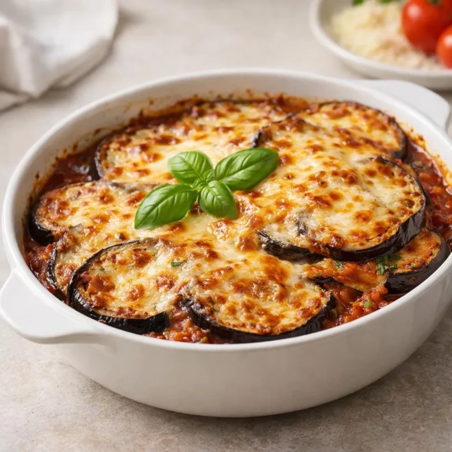Gratin d’aubergines à la parmesane au basilic