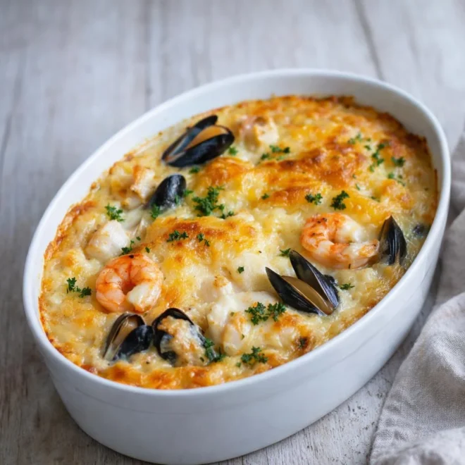 Gratin de cabillaud aux crevettes et aux moules