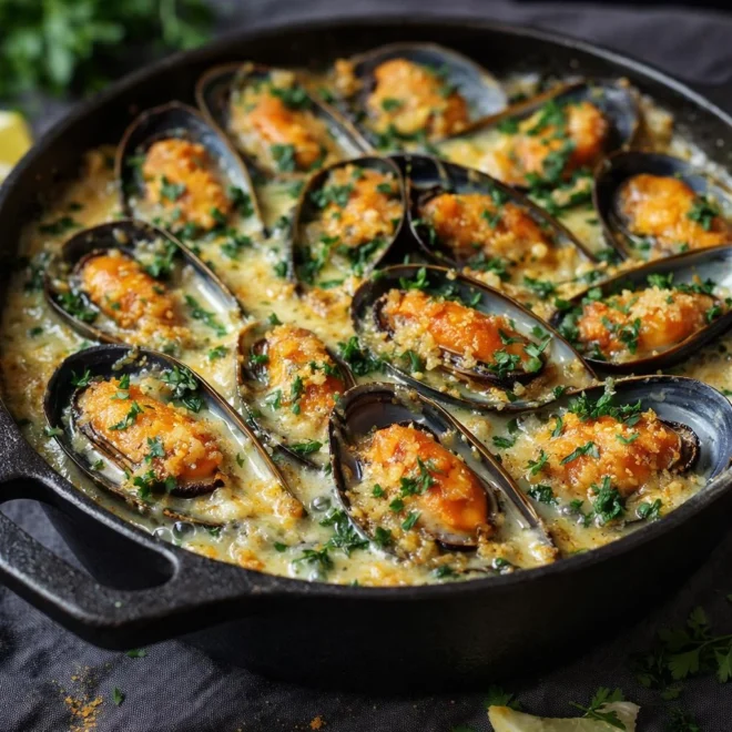 Gratin de moules à l’ail et au persil, citron