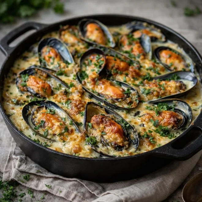 Gratin de moules à l’ail et au persil au four