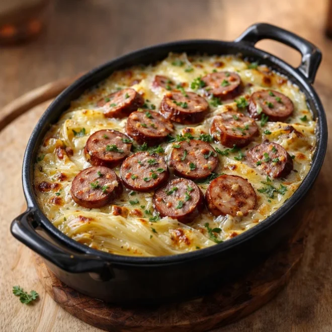 Gratin d’endives aux saucisses fumées au miel-moutarde