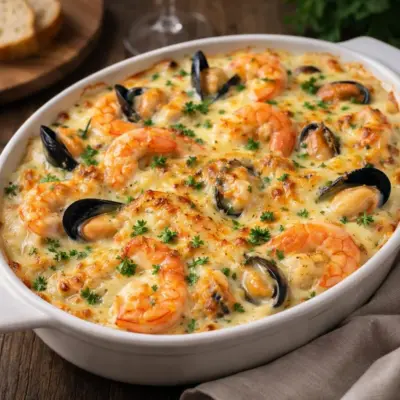 Gratin de moules et crevettes à la sauce béchamel
