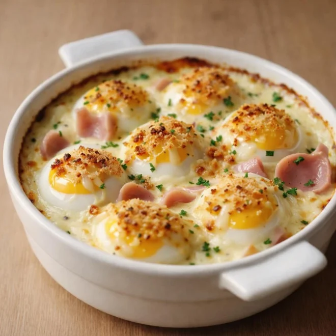 Gratin d’œufs durs jambon béchamel fromagée au four