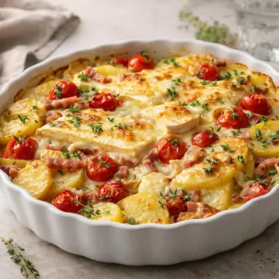 Gratin de pommes de terre au camembert lardons tomates ceris