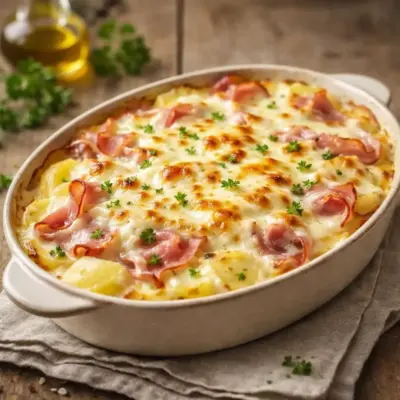 Gratin de pommes de terre au jambon et à la mozzarella