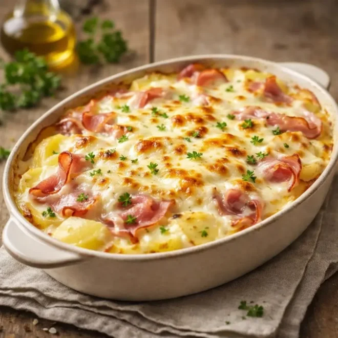Gratin de pommes de terre au jambon et à la mozzarella