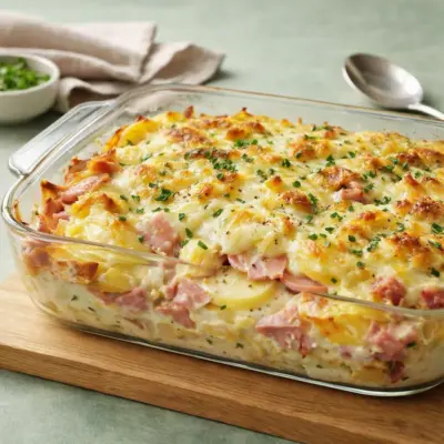 Gratin de pommes de terre au jambon : recette crémeuse