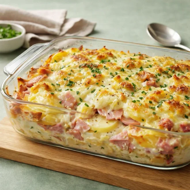 Gratin de pommes de terre au jambon : recette crémeuse