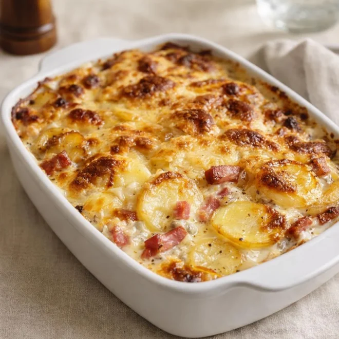 Gratin de pommes de terre aux lardons : croûte dorée