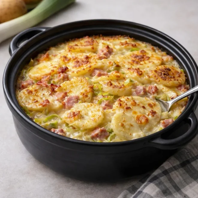 Gratin de pommes de terre au poireau et lardons, sauce crémeuse