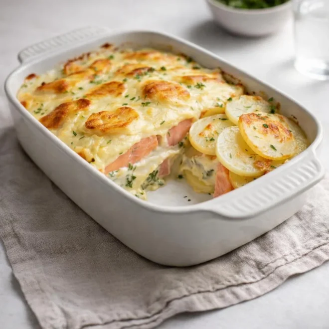 Gratin de pommes de terre au saumon fumé et béchamel