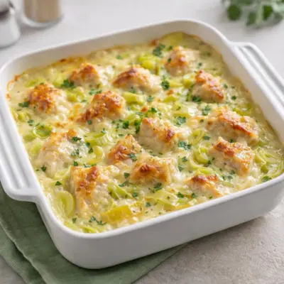 Gratin de poulet aux poireaux : crème onctueuse au four