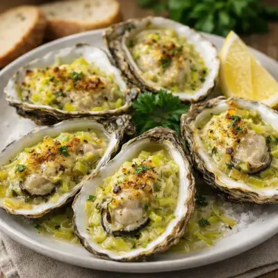 Huîtres chaudes à la fondue de poireaux au beurre citron