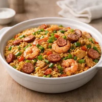 Recette jambalaya créole : poulet, crevettes, saucisse