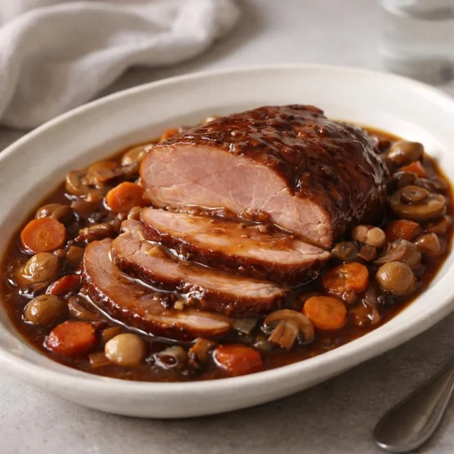 Jambon braisé au Madère : mijoté moelleux et sauce brune