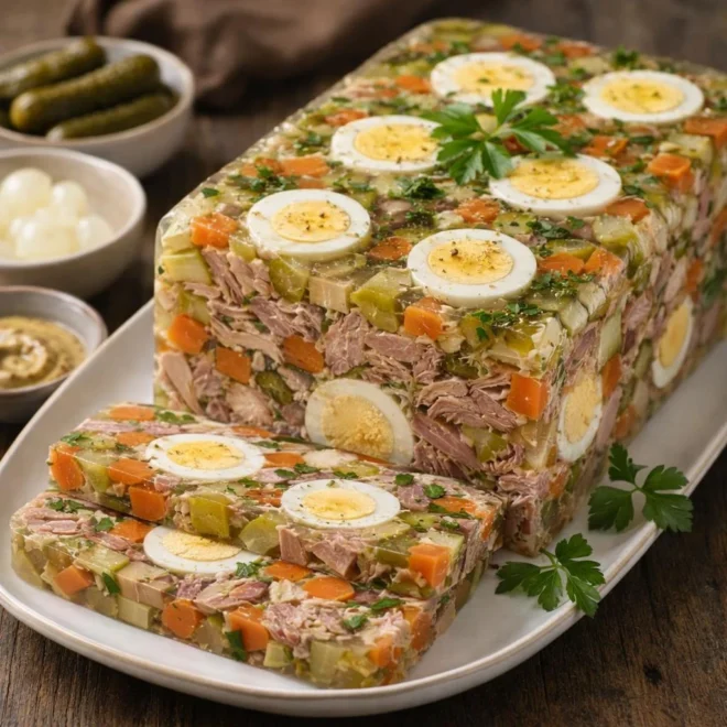 Jambonneau en gelée aux œufs durs et légumes