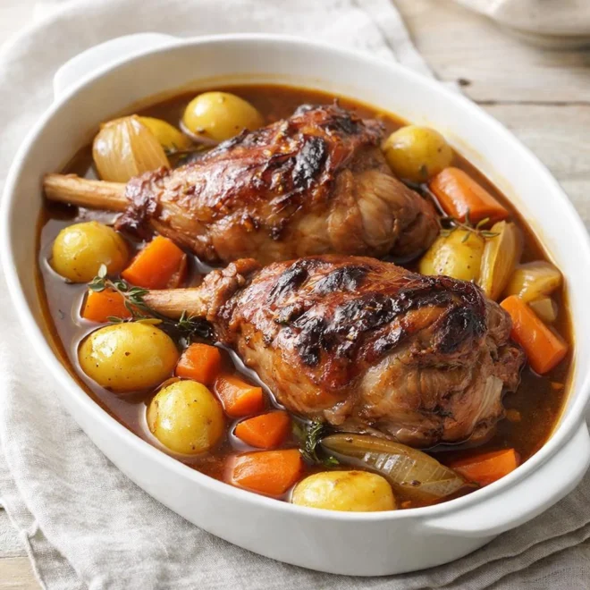 Jarret de porc braisé aux légumes : cocotte fondante