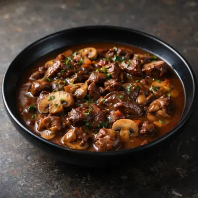Joue de bœuf mijotée aux champignons au vin rouge