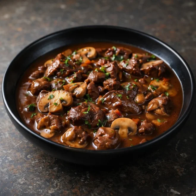 Joue de bœuf mijotée aux champignons au vin rouge