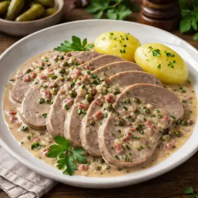 Langue de bœuf sauce charcutière : recette mijotée