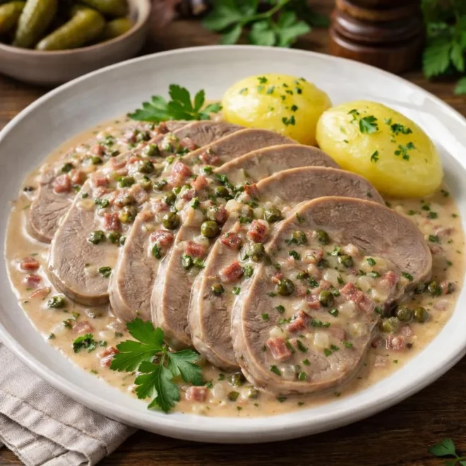 Langue de bœuf sauce charcutière : recette mijotée