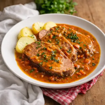 Langue de porc à la sauce charcutière mijotée