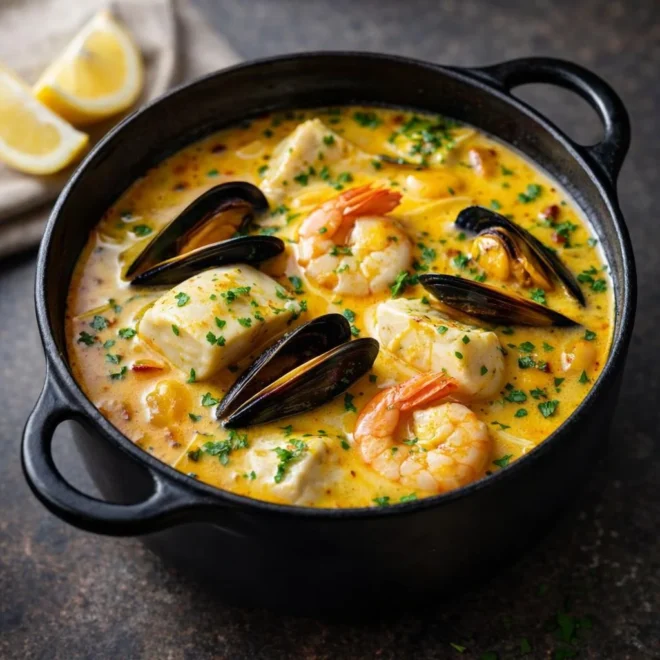 Recette marmite dieppoise : moules & poisson safrané
