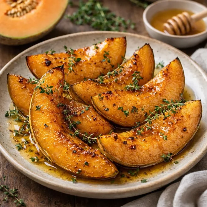 Melon rôti au miel et au thym au four, juteux & doré