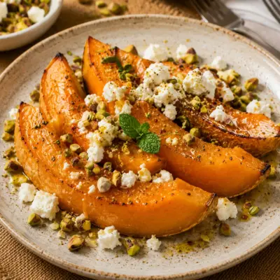 Melon rôti à la feta, miel et pistaches