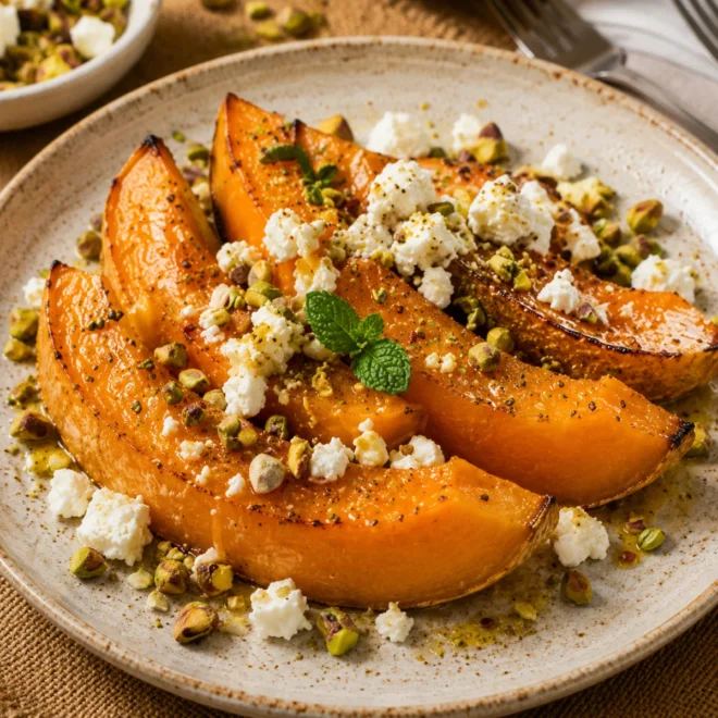 Melon rôti à la feta, miel et pistaches