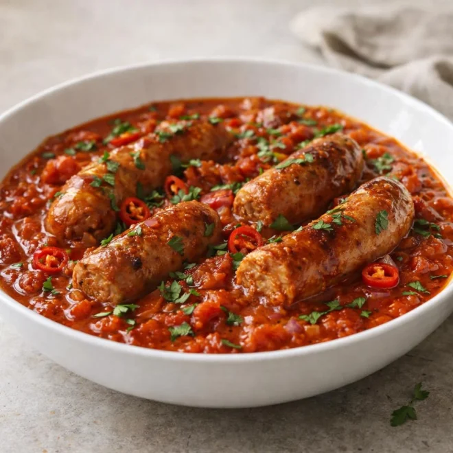 Mijoté de saucisses au piment : tomates & oignon rouge