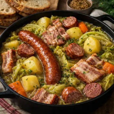 Mijoté montagnard aux saucisses fumées et lard paysan