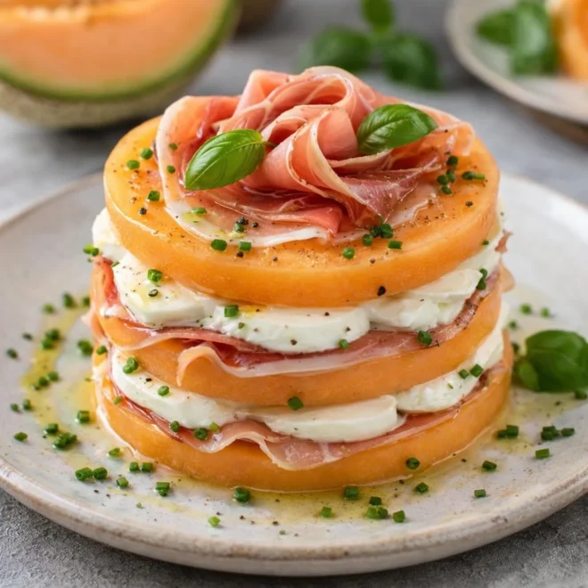 Millefeuille de melon mozzarella jambon cru