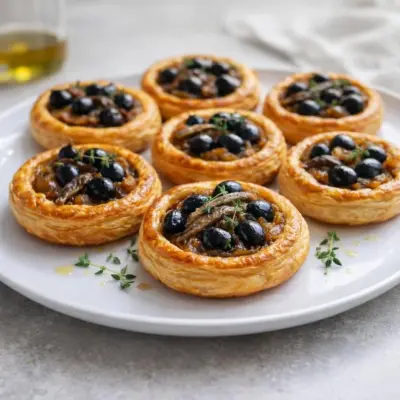 Mini pissaladières caramel d’oignon, anchois & olives