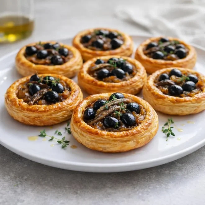 Mini pissaladières caramel d’oignon, anchois & olives