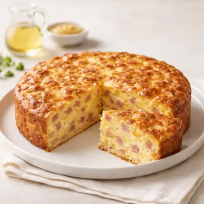 Moelleux à la moutarde, jambon et fromage au four