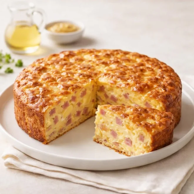 Moelleux à la moutarde, jambon et fromage au four