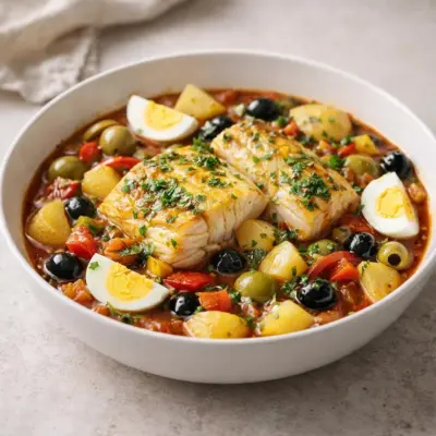 Morue aux olives et pommes de terre mijotée