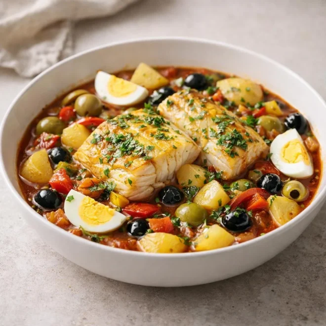 Morue aux olives et pommes de terre mijotée