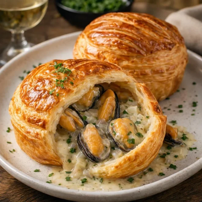 Moules en croûte feuilletée sauce vin blanc