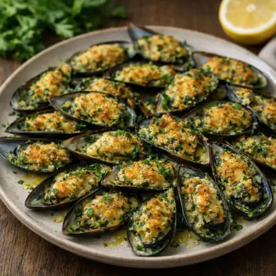 Moules gratinées au beurre persillé et chapelure