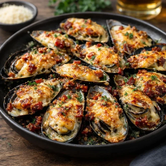 Moules gratinées au chorizo et au parmesan