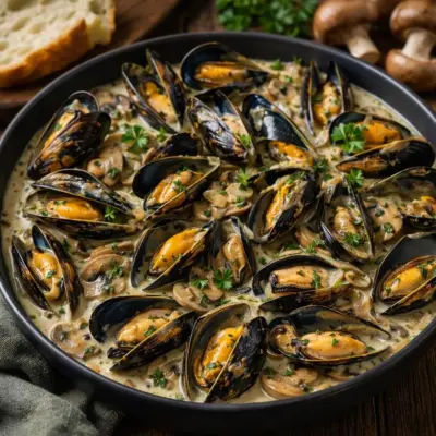 Moules sauce forestière aux champignons et à la crème