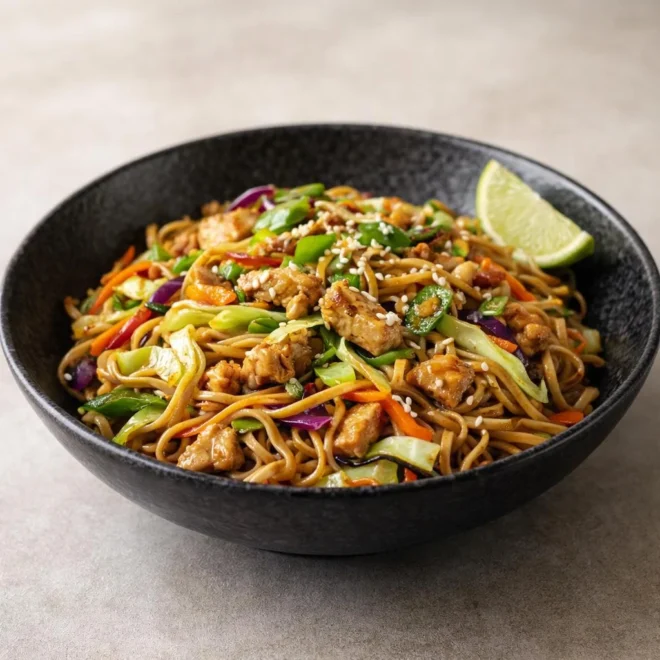 Nouilles sautées au poulet et aux légumes croquants