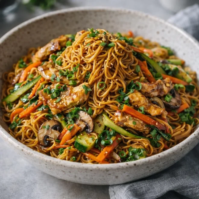 Nouilles sautées au poulet et aux légumes, recette wok