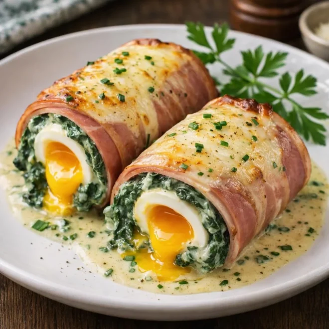 Œufs à la florentine roulés au jambon : jaune coulant
