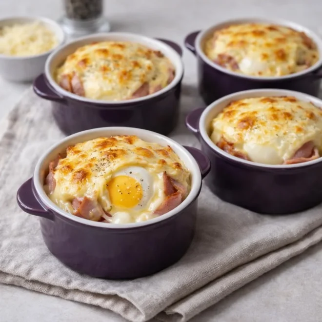 Œufs cocotte au jambon et fromage gratinés au four