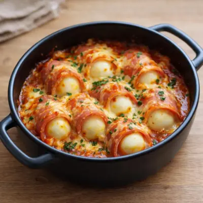 Œufs roulés au jambon au four, sauce tomate légère